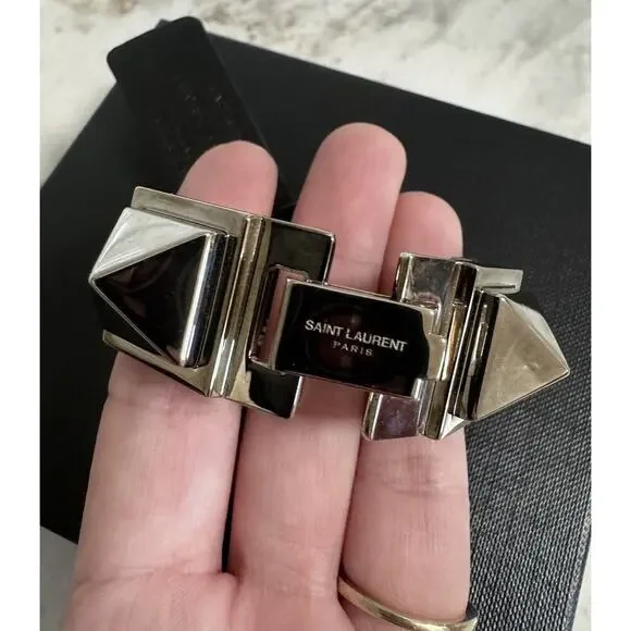 Auth Saint Laurent YSL Black Leather Stud Bracelet Small Sized Metal - Picture 4 of 16